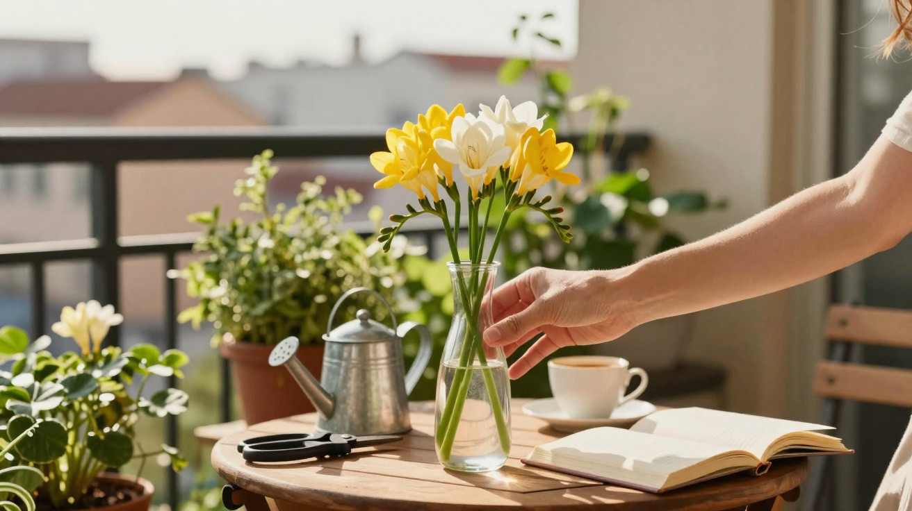 Hand placing yellow and white flowers in a glass vase on a wooden table with plants, book, and coffee cup.