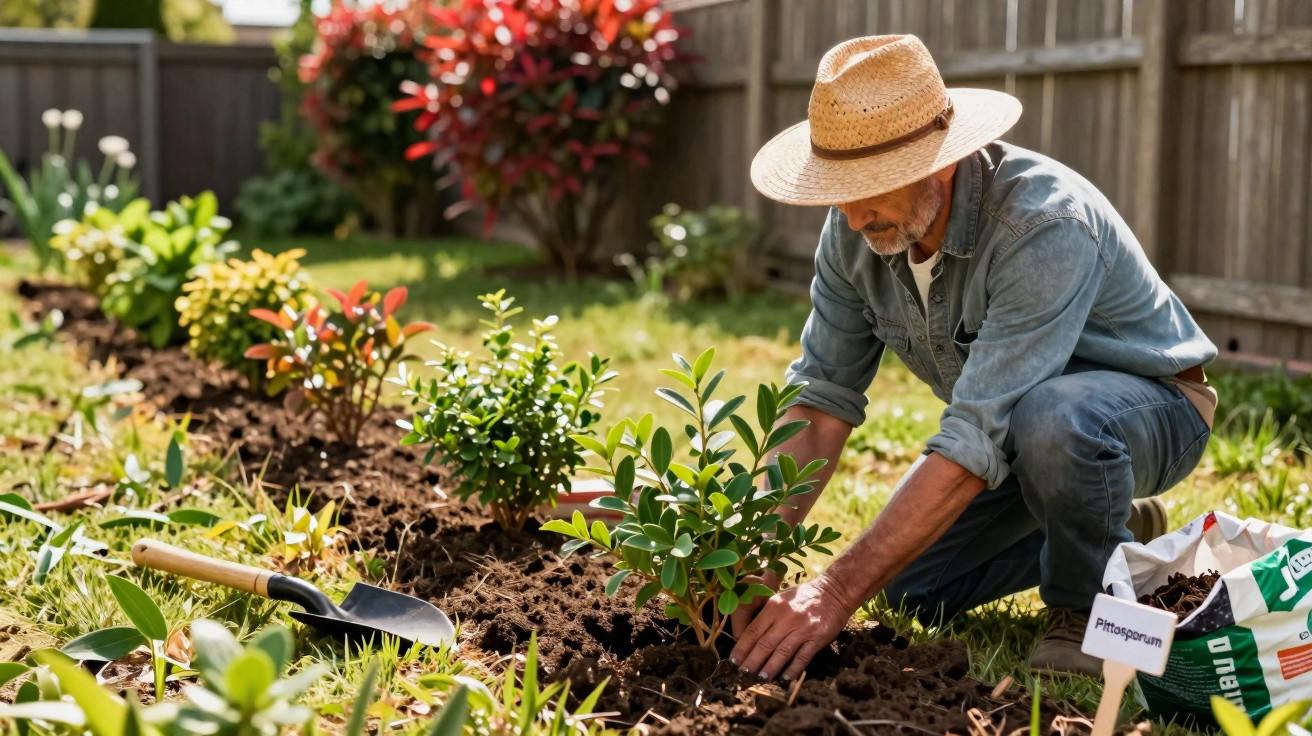 Man wearing a straw hat planting shrubs in a garden on a sunny day
