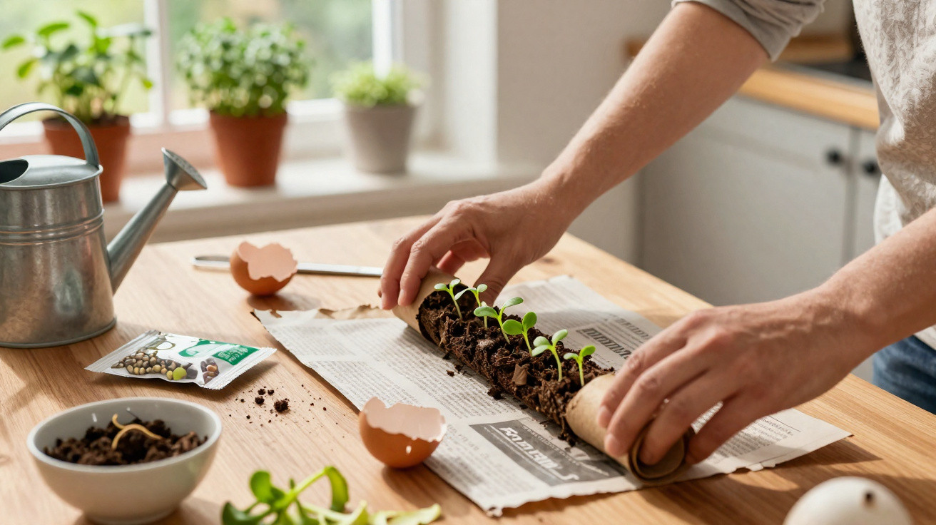 Person rolling up a newspaper tube with seedlings planted inside on a wooden table in a kitchen.