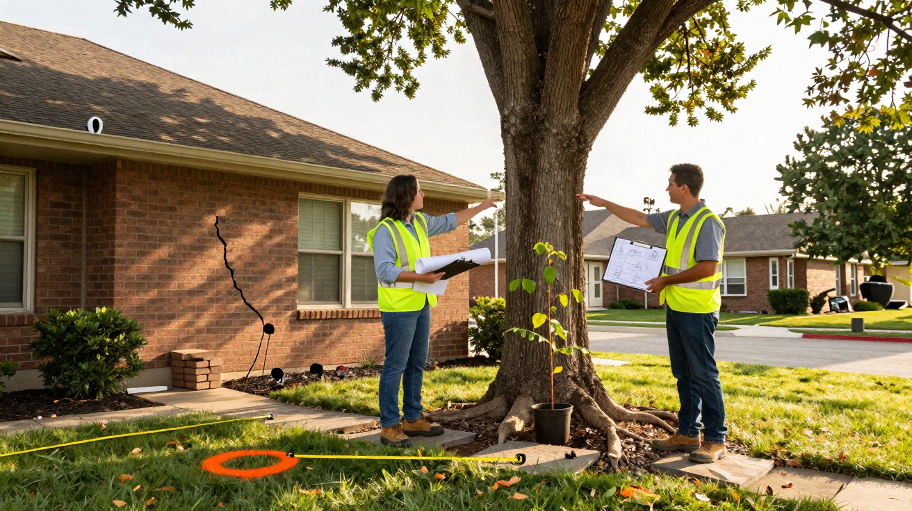 Two construction workers in high-visibility vests measuring a tree in front of a brick house with cracks.