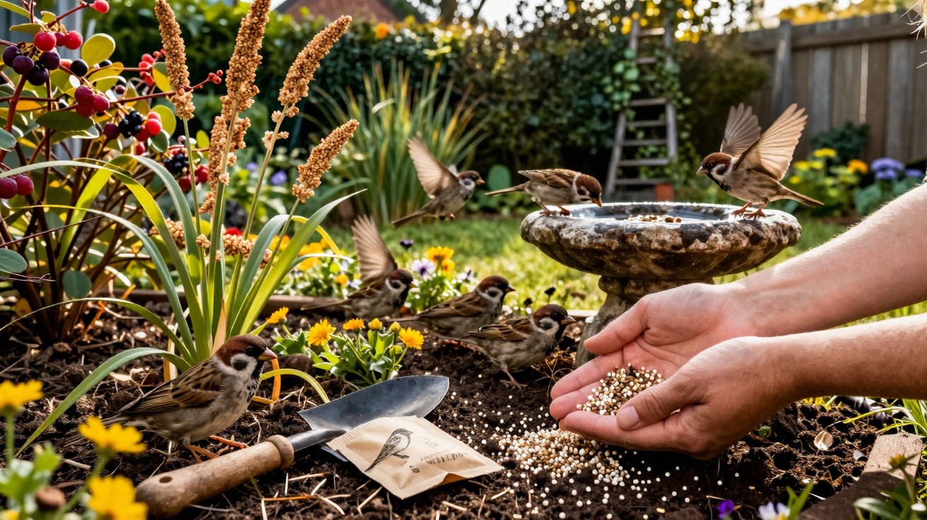 Hands feeding small birds with seeds around a birdbath in a colourful garden.
