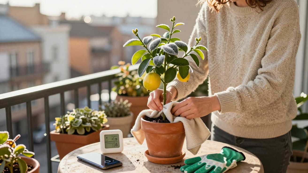 Person caring for a potted lemon plant on a balcony table with gardening gloves and a smartphone nearby.