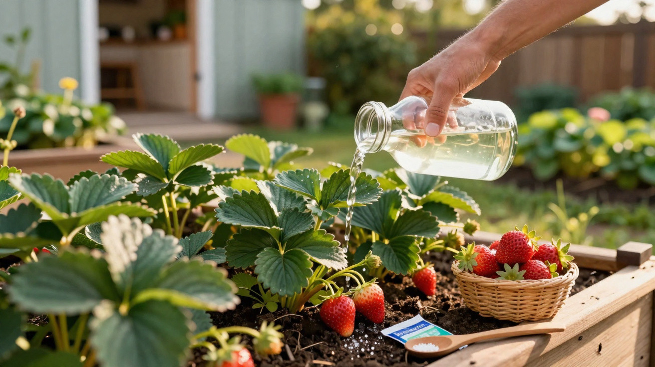 Hand watering strawberry plants in a raised garden bed with ripe strawberries and a basket of picked fruit nearby.