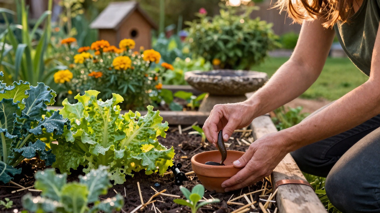 Person holding a worm over a terracotta pot in a raised garden bed with lettuces and marigolds.