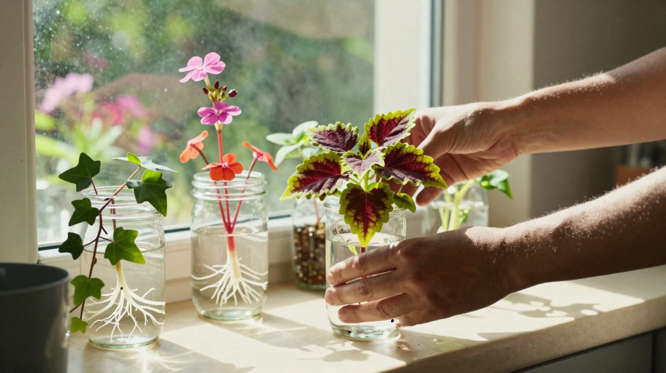 Hands placing a coleus plant cutting in water on a sunlit windowsill with other plant cuttings in jars.