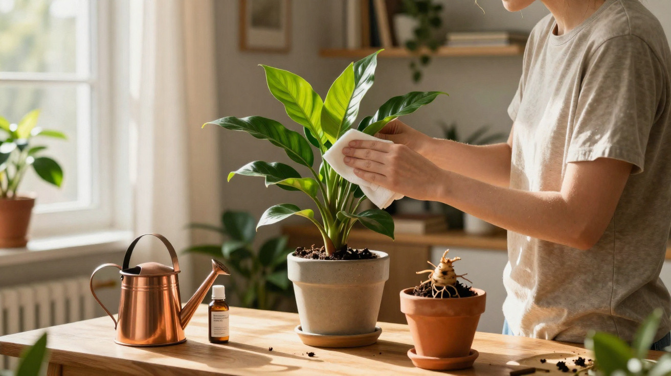 Person cleaning green houseplant leaves on a wooden table with watering can and plant care oil bottle nearby.