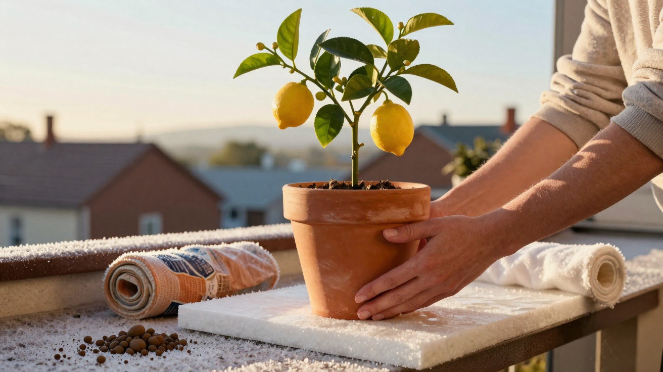 Hands holding a terracotta pot with a lemon plant on a balcony covered in frost in morning light.