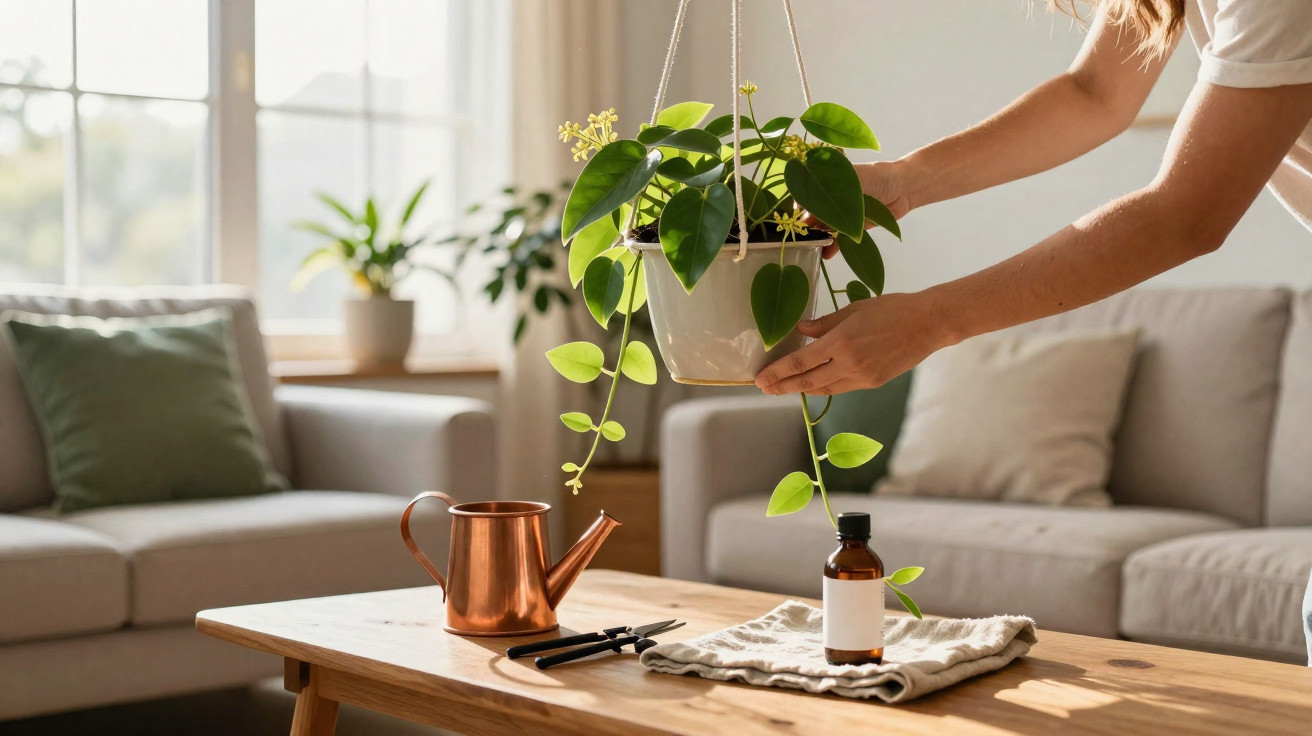 Person hanging a green trailing plant in a bright living room with sofas and a wooden coffee table.