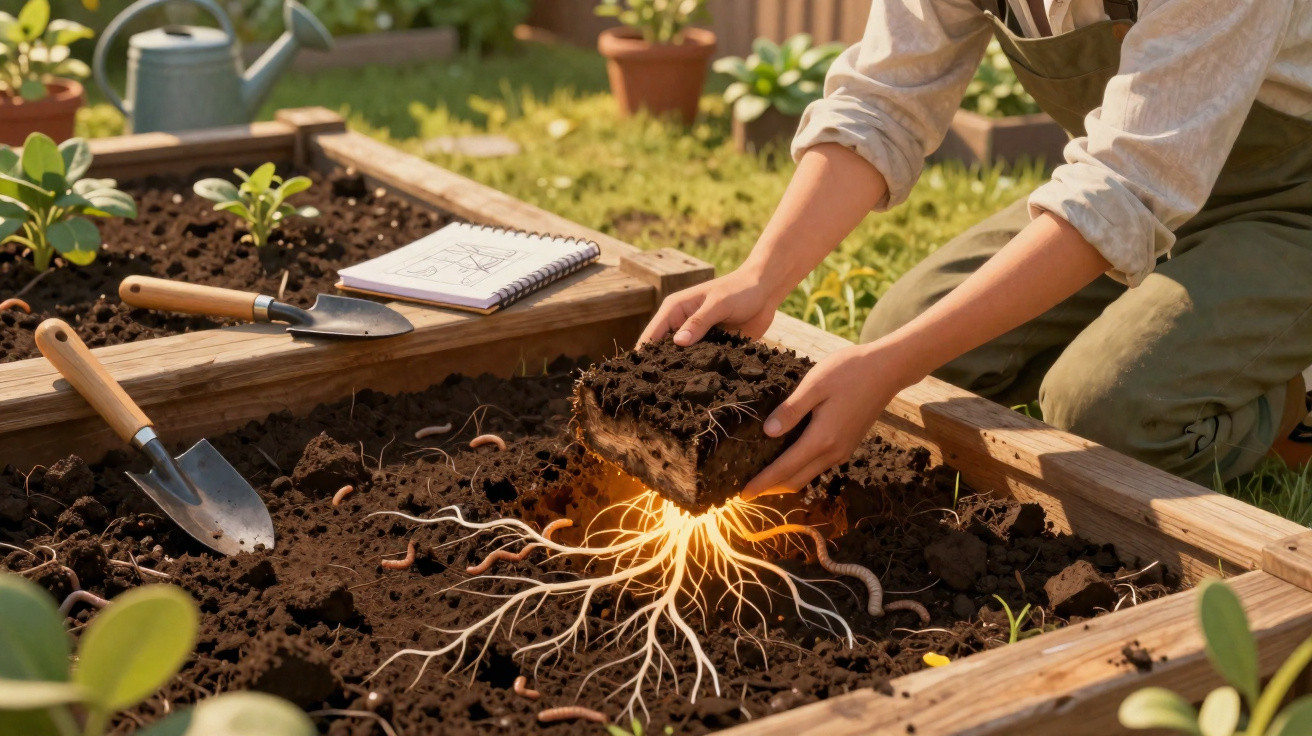 Person gardening with soil showing illuminated plant roots and earthworms in raised wooden beds outdoors.