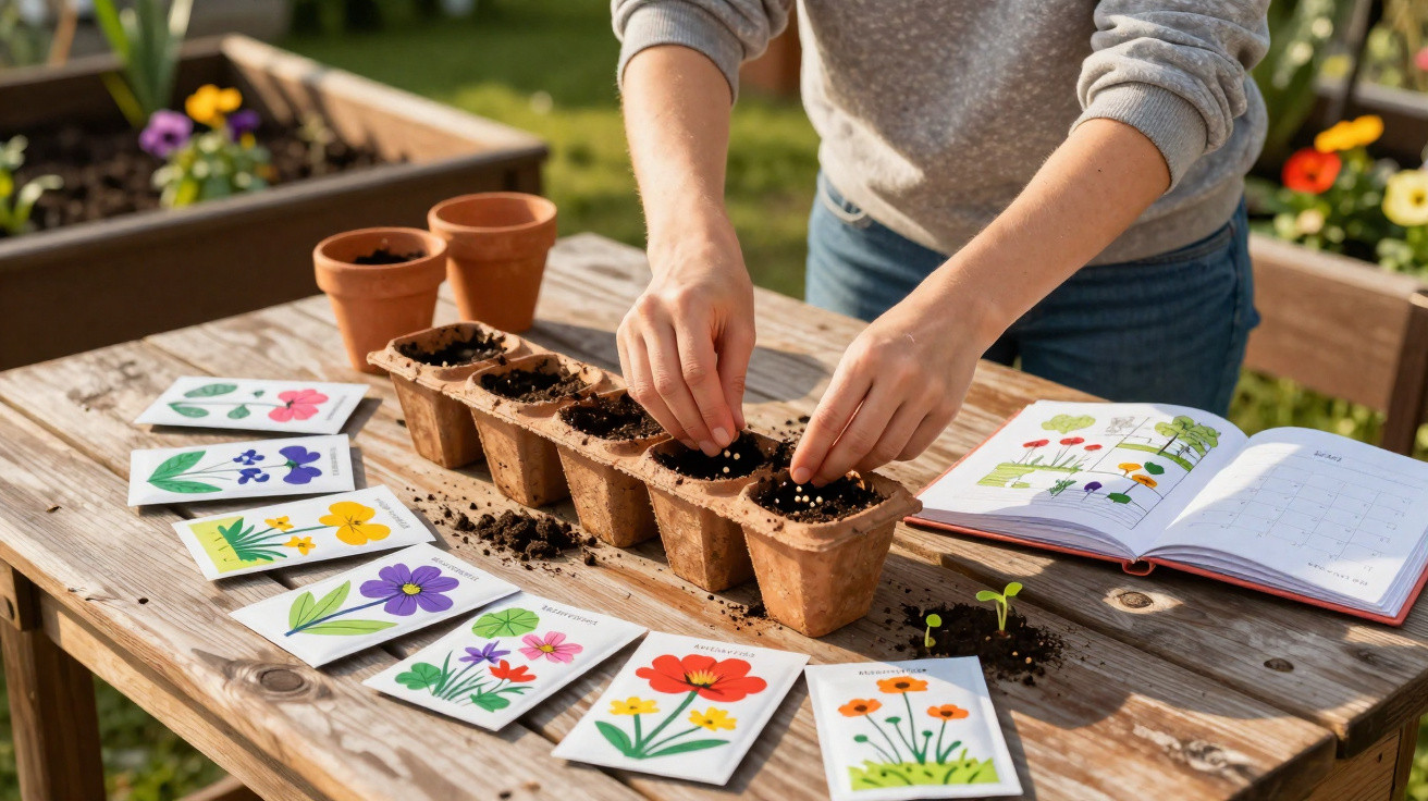 Person planting seeds in small pots on a wooden table with seed packets and a gardening book outdoors.