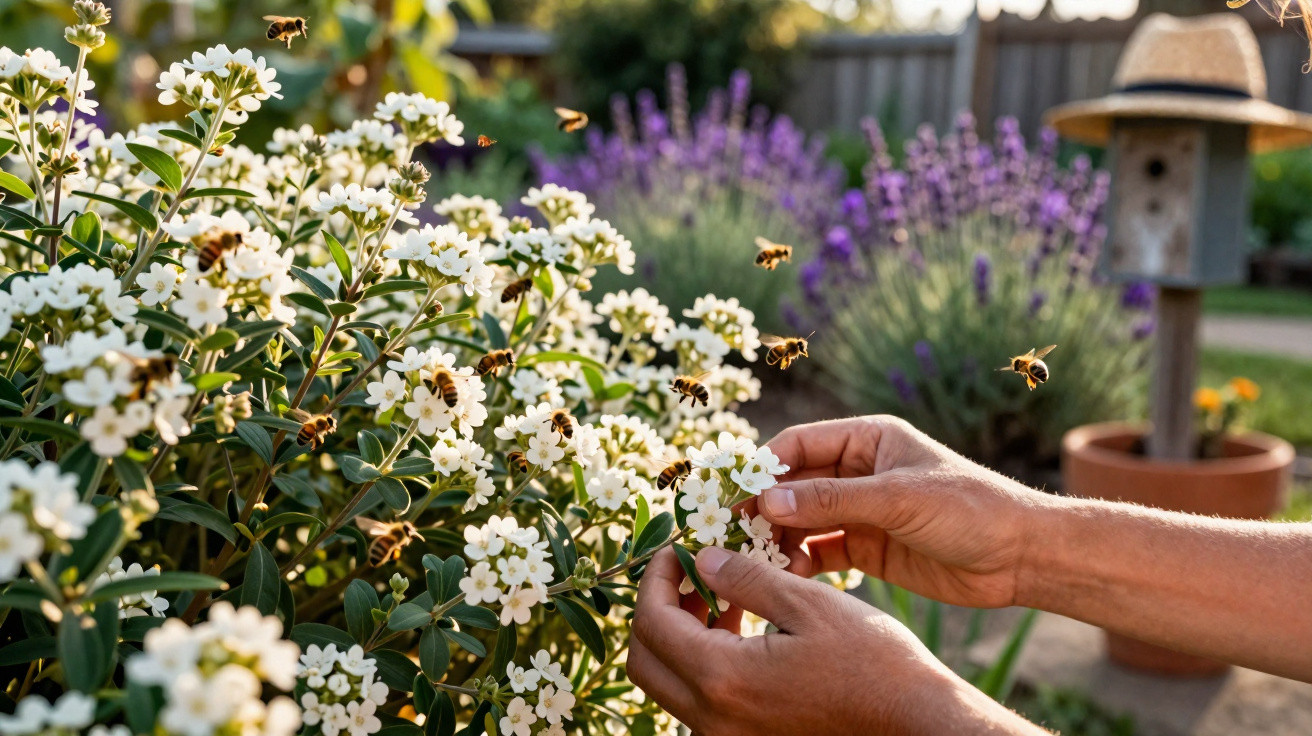 Hands gently holding white flowers with bees flying around in a sunlit garden with a birdhouse in the background.