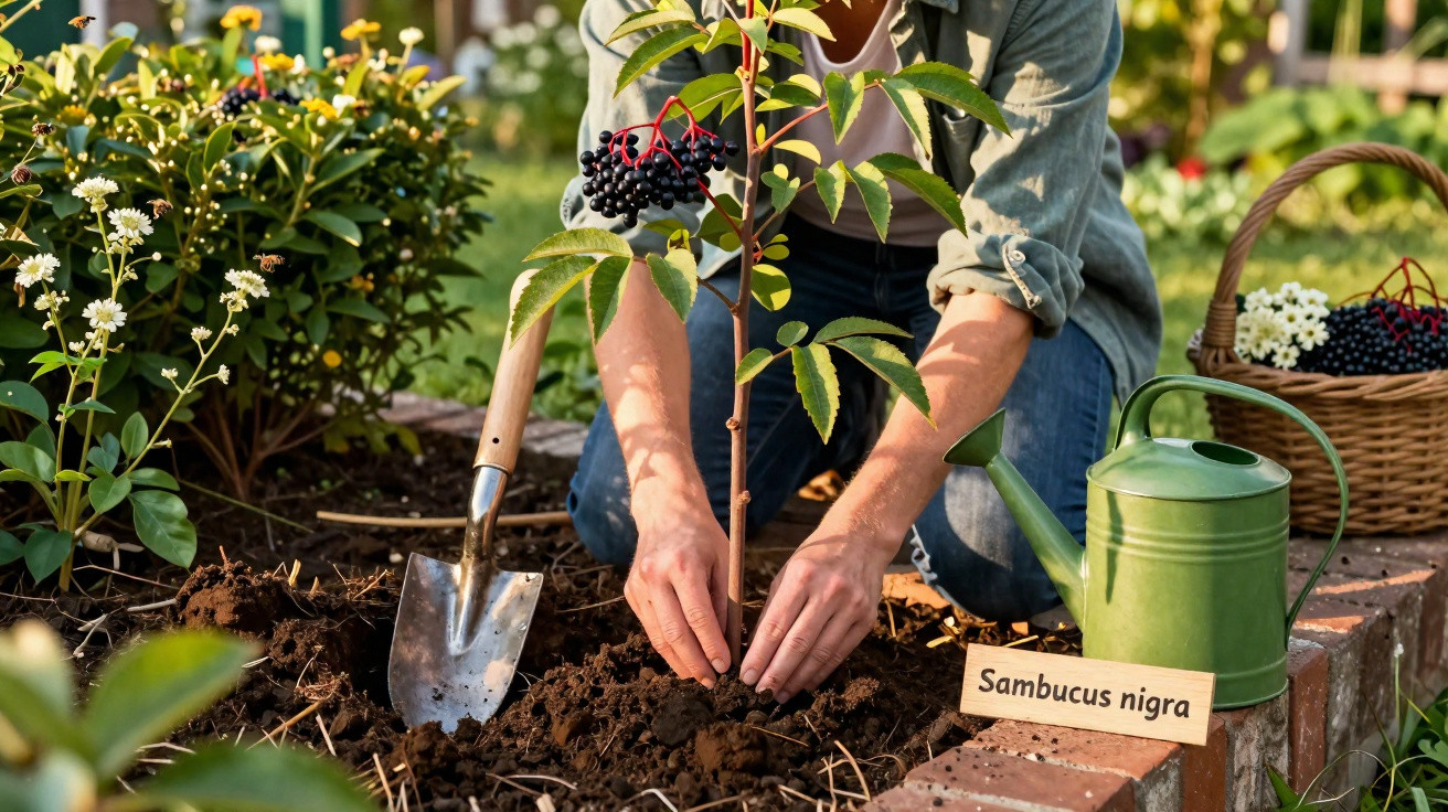 Person planting a Sambucus nigra with gardening tools and a basket of elderberries nearby in a garden.