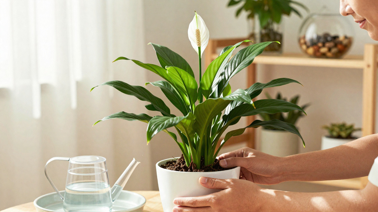 Person holding a white pot with a flowering peace lily plant on a table near a glass watering can.