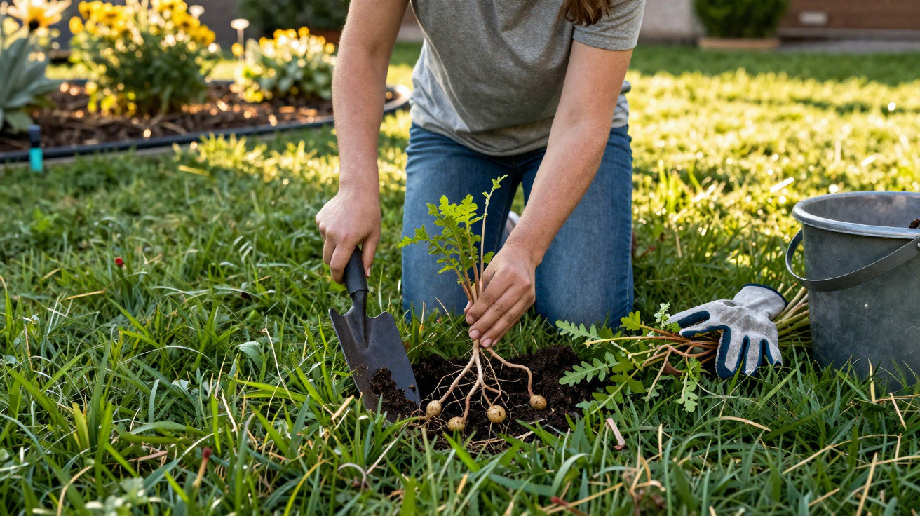 Person kneeling on grass planting tuberous roots using a small garden trowel in sunlight.