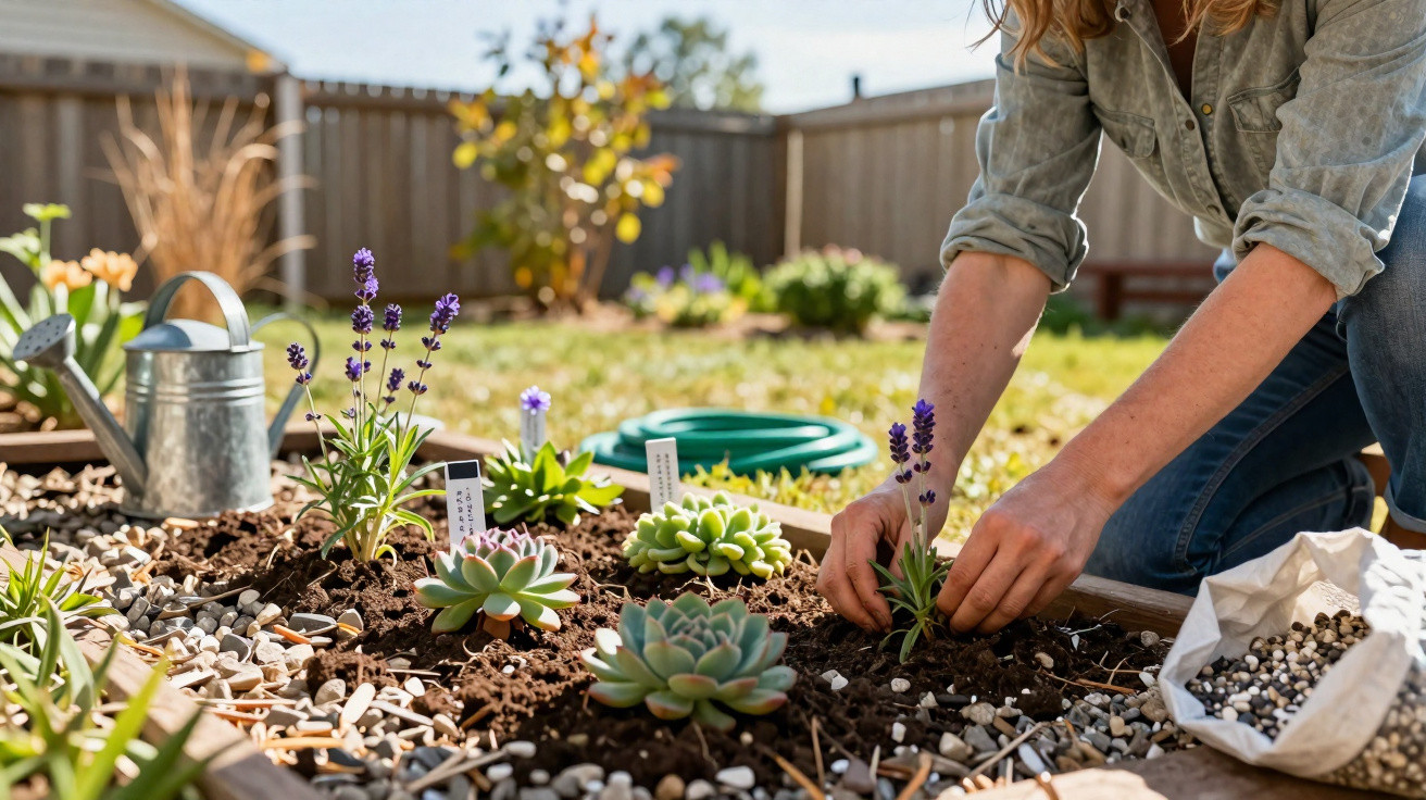 Person planting lavender and succulent plants in a garden bed with gardening tools and soil pellets nearby.