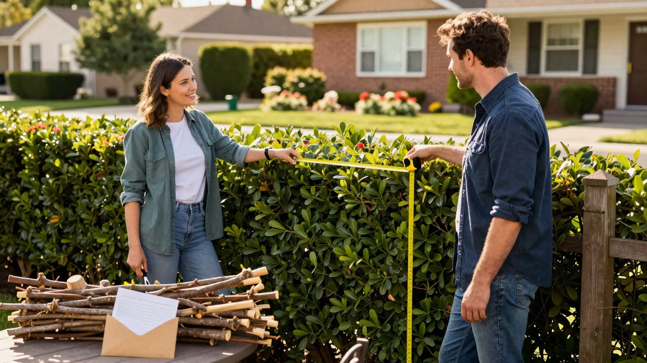 A man and woman measuring a garden hedge with a tape measure outside a suburban home on a sunny day.
