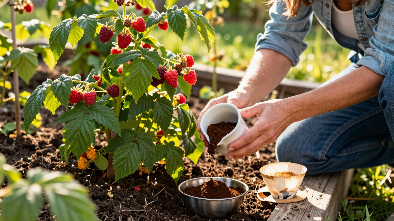 Person pouring coffee grounds near a raspberry bush in a sunlit garden bed.