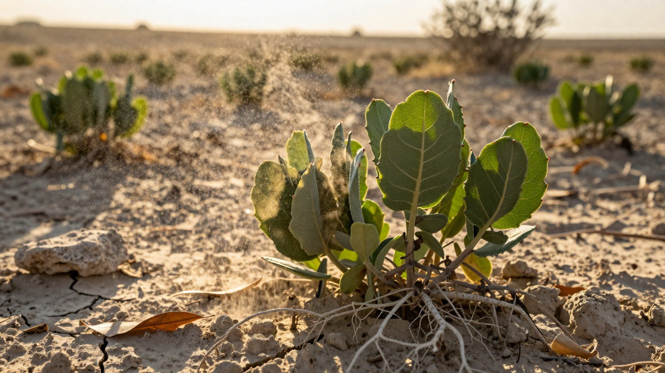 Small green desert plants growing in dry, cracked soil under warm sunlight with dust particles in the air.