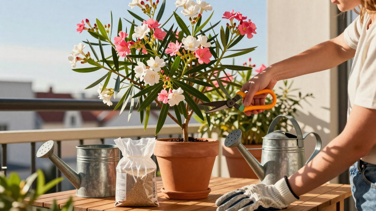 Person pruning a pink and white flowering plant on a balcony table with gardening tools nearby.