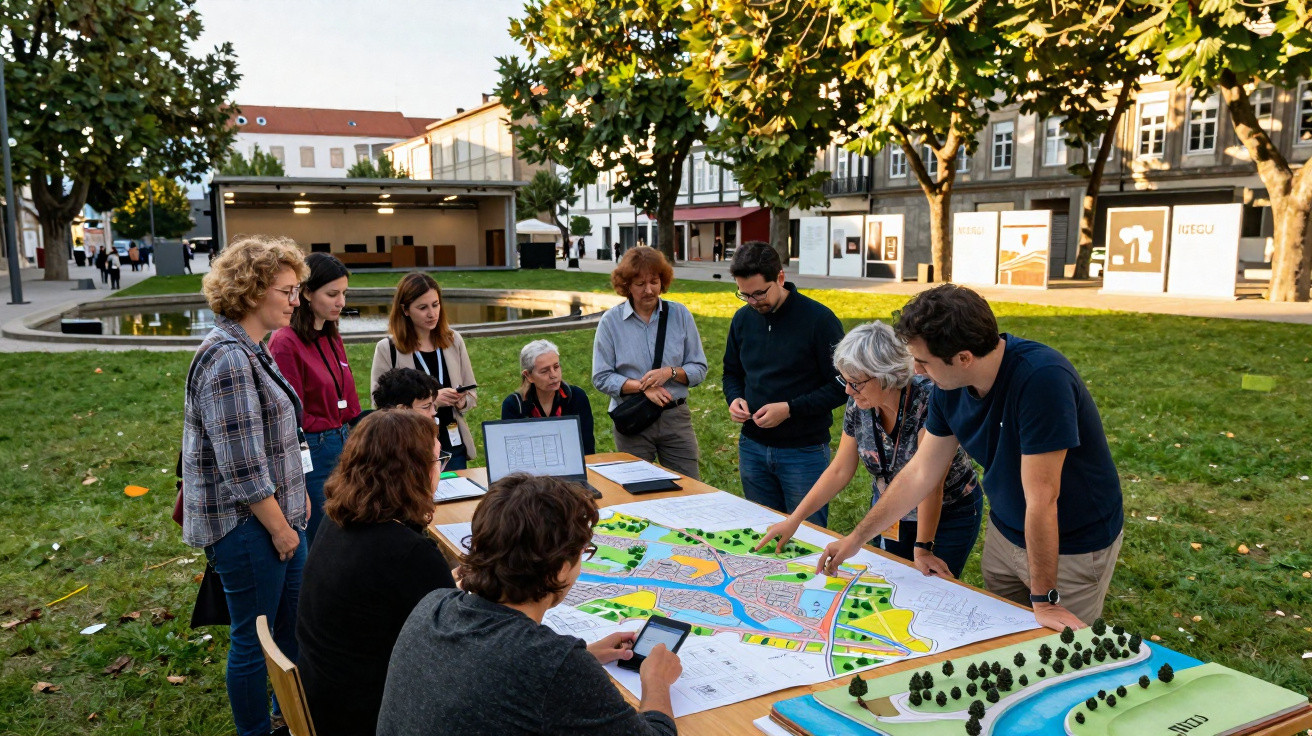 Group of people outdoors discussing an urban planning model on a table in a park setting.