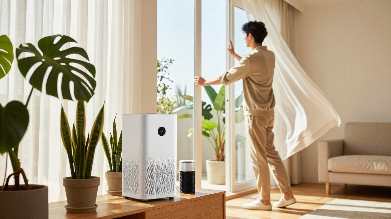 Person opening sliding glass door in bright room with potted plants and an air purifier on a wooden table.