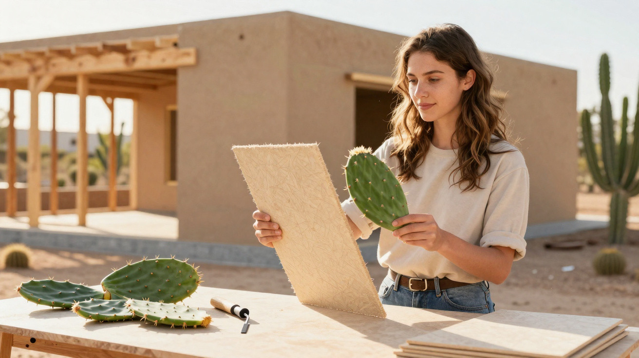 Young woman examining cactus pads outdoors at a wooden table with crafting materials near a desert house.