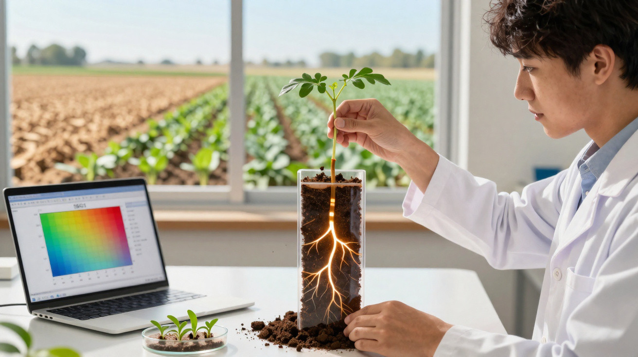 Scientist in lab coat examining a plant with illuminated roots beside a laptop and seedlings on a table.