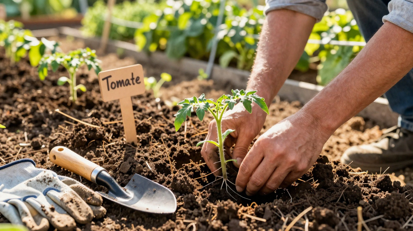 Hands planting a young tomato seedling in soil with gardening tools and gloves nearby in a garden bed.