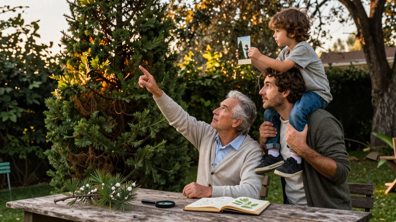 Older man pointing at tree while younger man carries child holding nature photo in garden with book on table