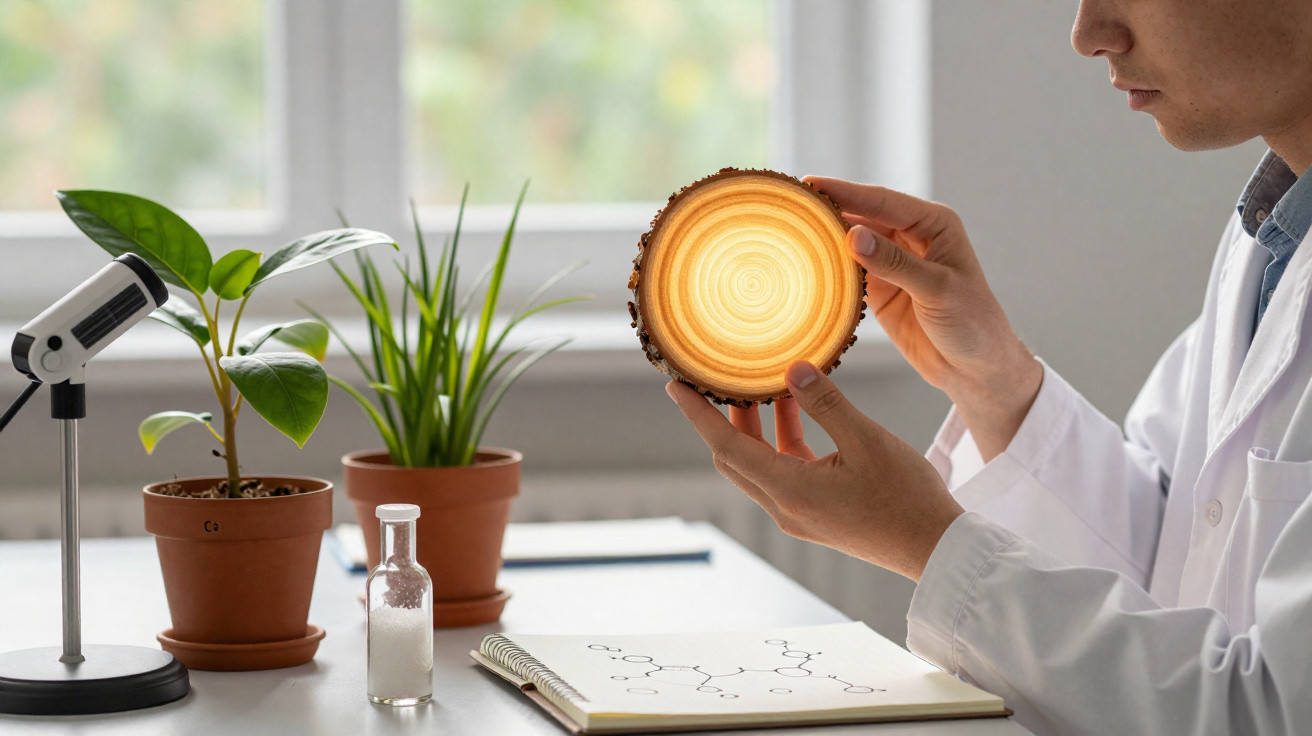 Scientist in lab coat examining a cross-section of a tree trunk with plant pots and scientific equipment on desk.