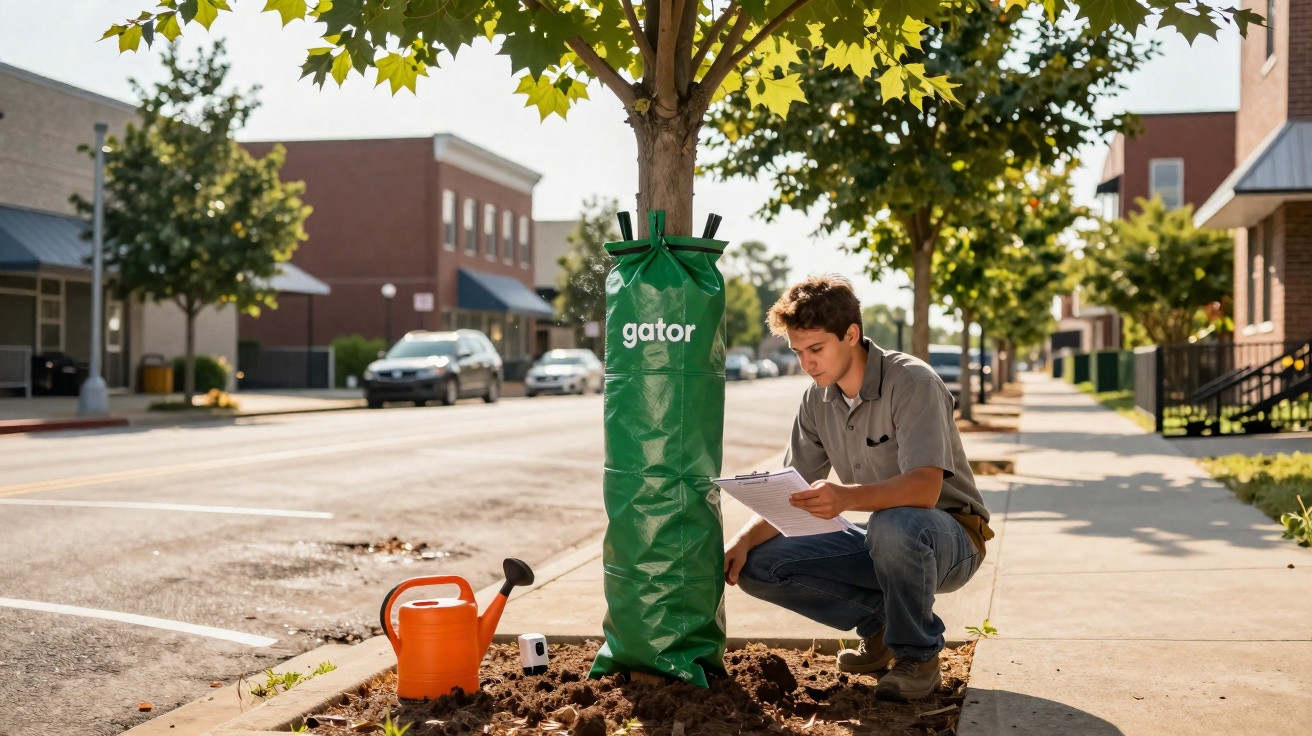 Young man inspecting a tree with a green Gator watering bag on a sunny street in a small town.