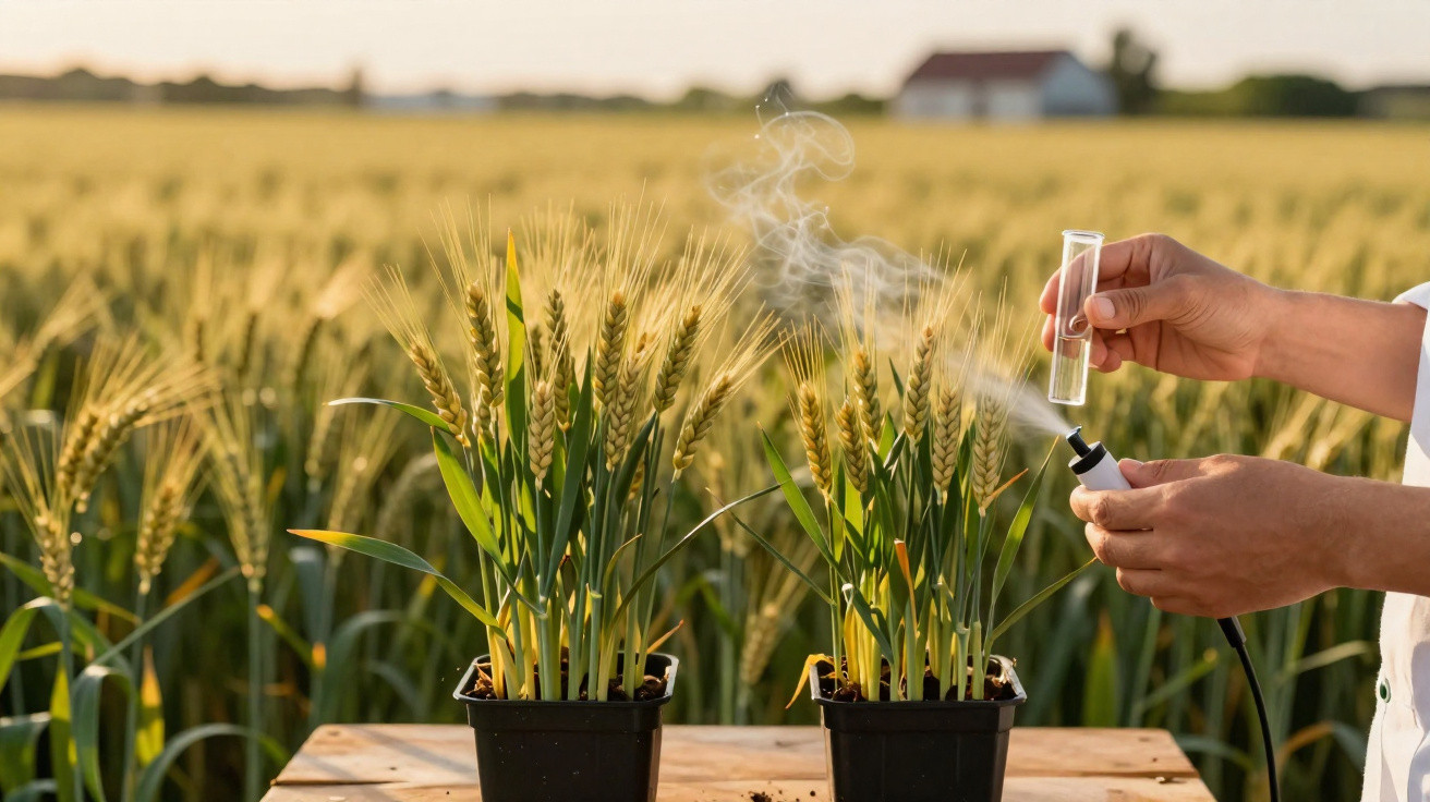 Person holding a test tube and a smoking device near potted wheat plants on a wooden table in a field.