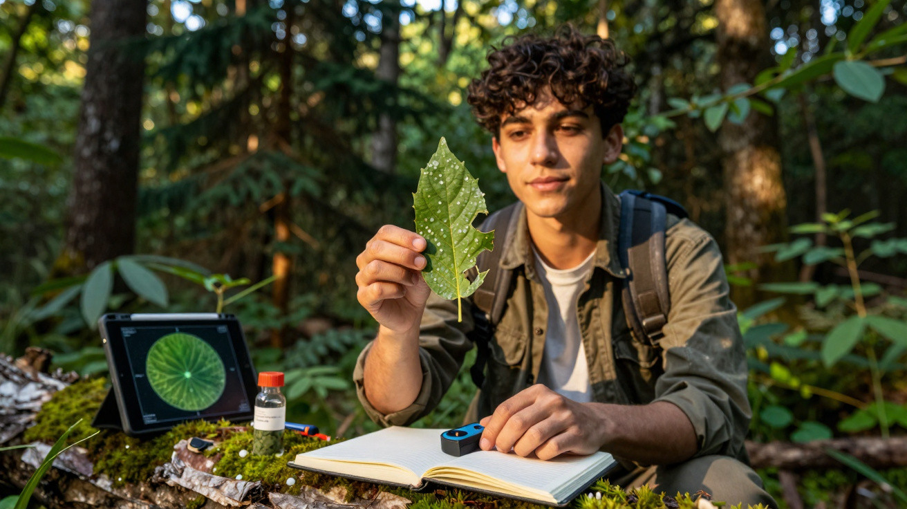 Young man examining a leaf and taking notes in a forest with scientific equipment and tablet nearby.