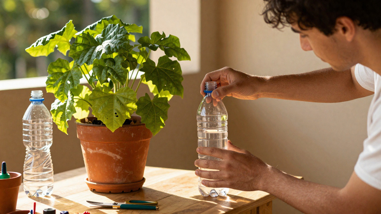 Person placing a cap on a water bottle beside a potted green plant on a wooden table in sunlight.