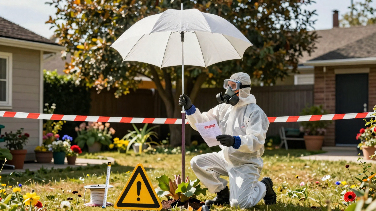 Person in protective suit and gas mask holding an umbrella at a cordoned-off outdoor work area with warning sign.