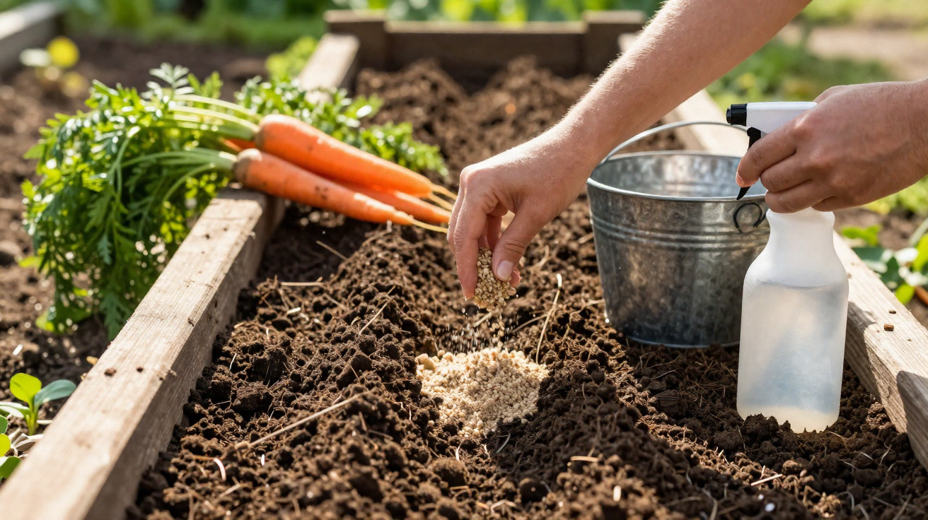 Hands scattering seeds into soil in a raised garden bed with fresh carrots and gardening tools nearby