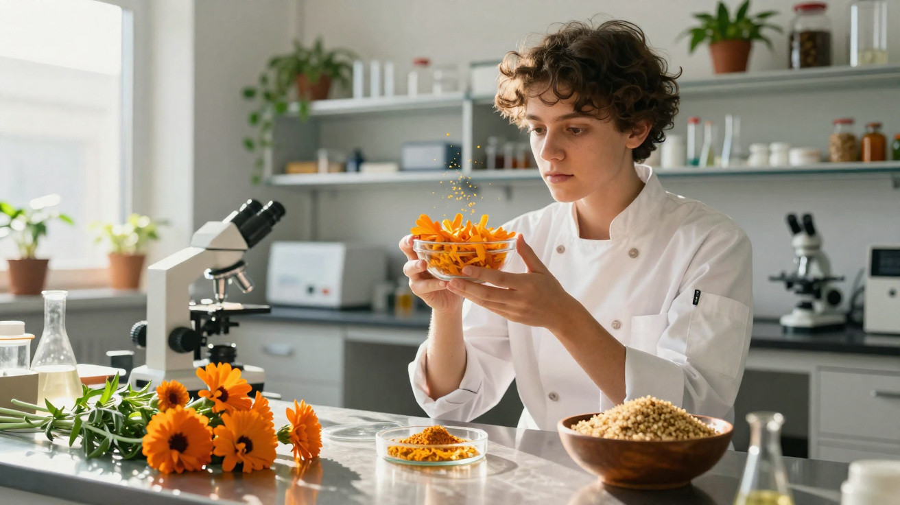 Scientist in a lab coat examining orange flower petals with microscopes and plant samples on the table