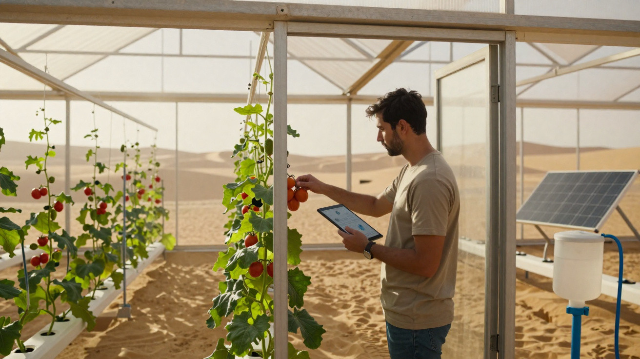 Man using tablet to inspect ripe tomatoes growing inside a solar-powered greenhouse in a desert.
