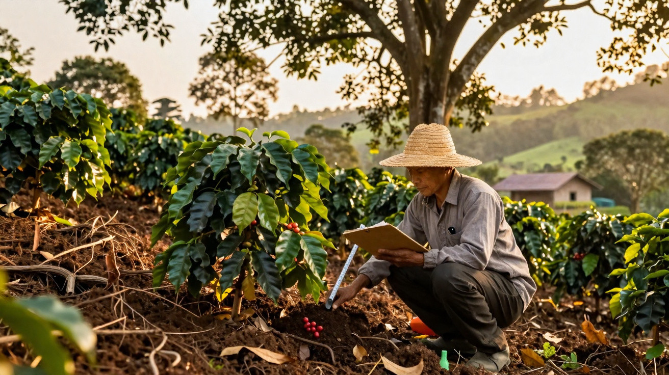 Man in straw hat inspecting and taking notes on coffee plants in a sunlit rural farm field.