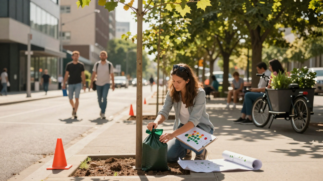 Woman kneeling by a newly planted tree on a city sidewalk, adjusting a green watering bag on a sunny day.