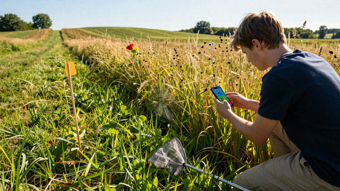 Young man kneeling by a wildflower meadow using a smartphone with a butterfly net resting on the grass nearby.