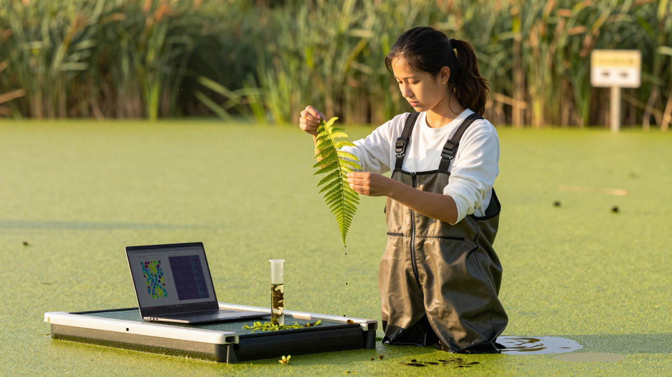 Woman in waders examining a fern leaf in a green pond with a laptop and sample container on a floating platform nearby.