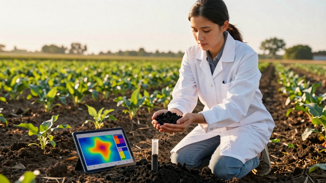 Scientist in white coat analysing soil sample in a field with a tablet showing soil data heatmap.