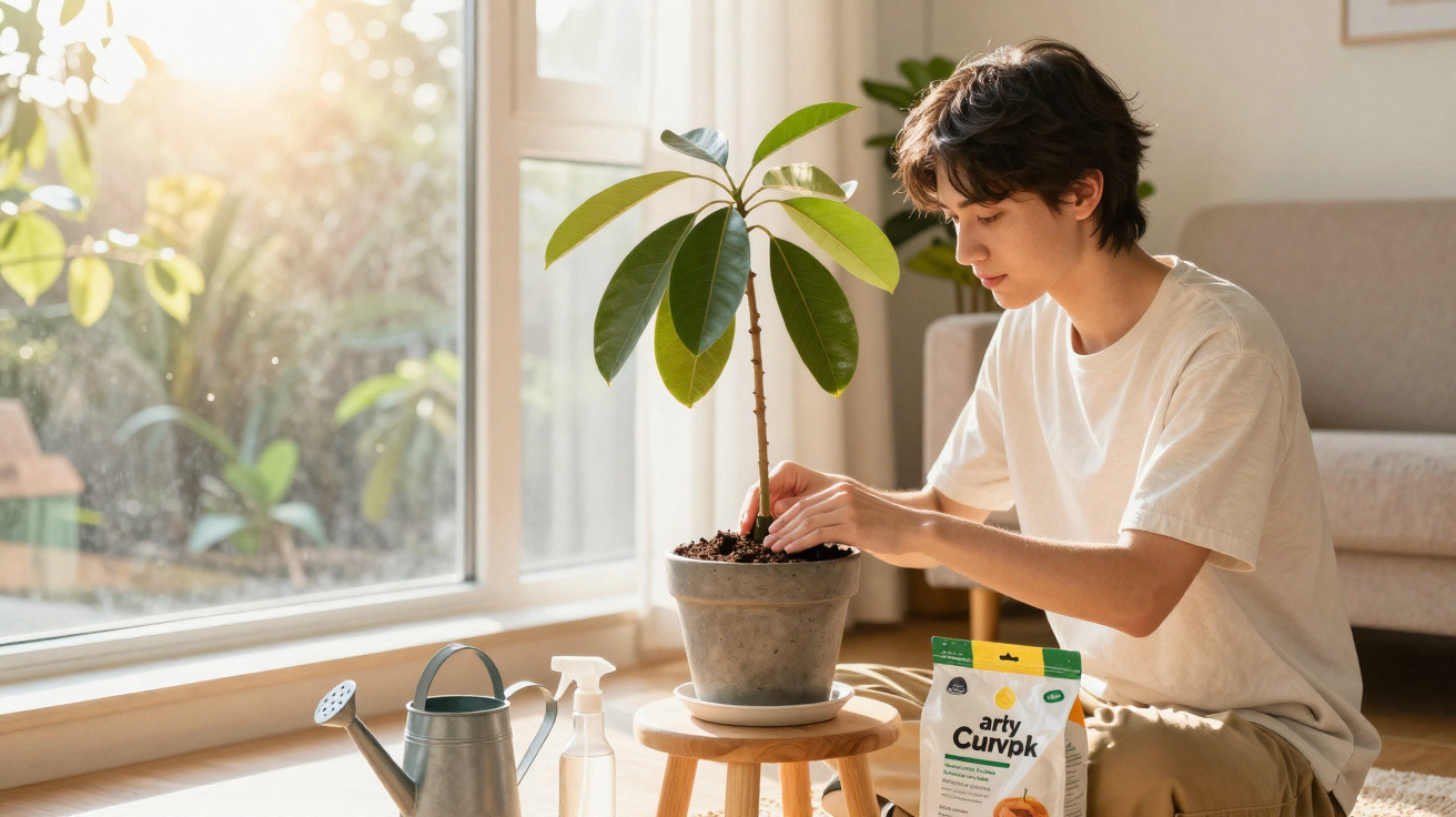 Person tending to a potted plant by a sunny window with gardening tools on the floor.