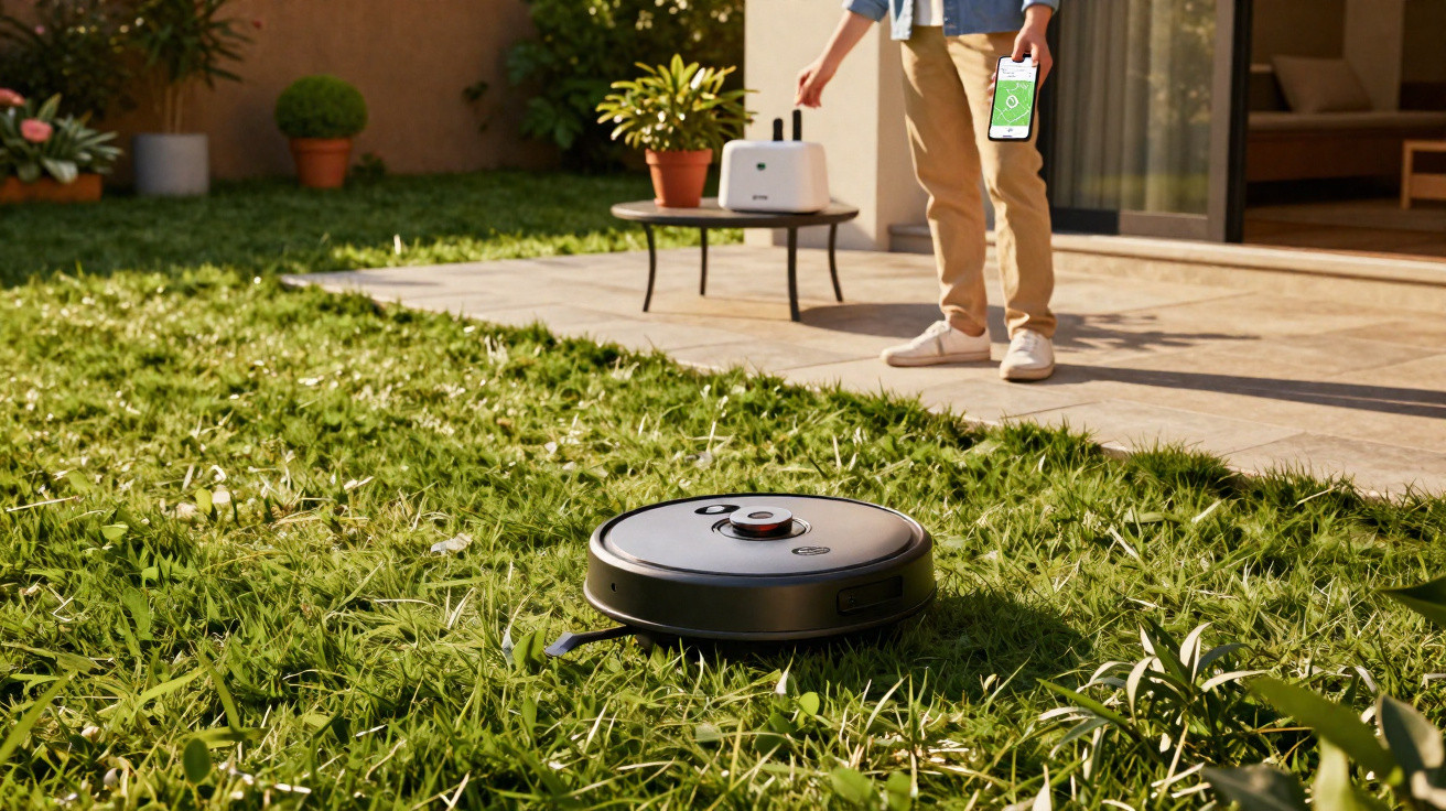 Robot lawn mower operating on grass with person holding a smartphone beside a patio and charger station.