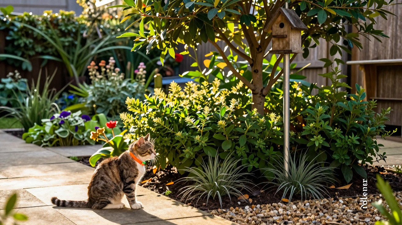 Tabby cat wearing a collar sitting on a garden path, looking at a birdhouse on a sunny day.