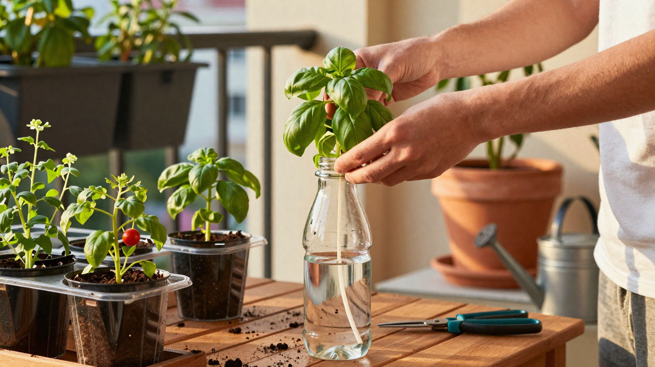 Hands placing a fresh basil sprig in a glass bottle filled with water on a wooden table with potted plants.