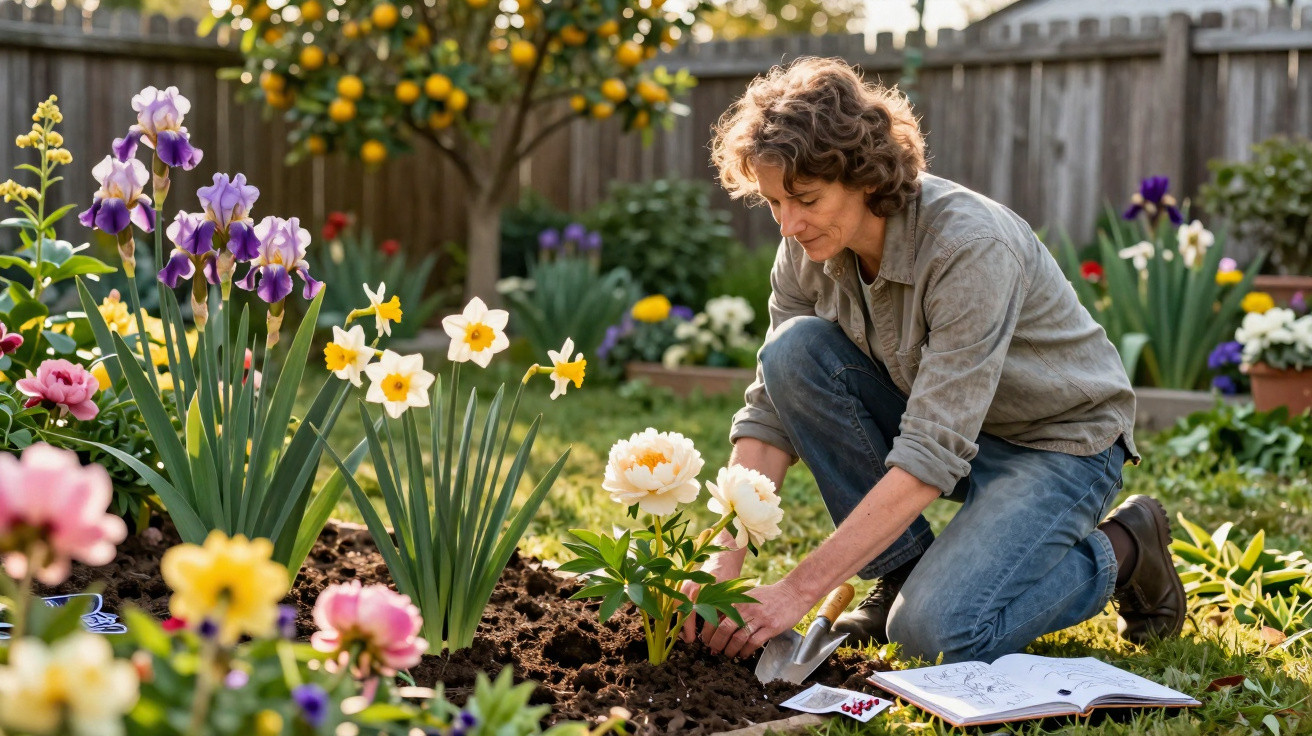 Person kneeling and planting flowers in a vibrant garden with a wooden fence in the background.
