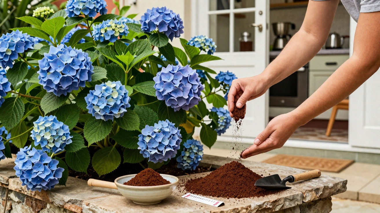 Person sifting soil next to blue hydrangea flowers on a stone table outside a house door.