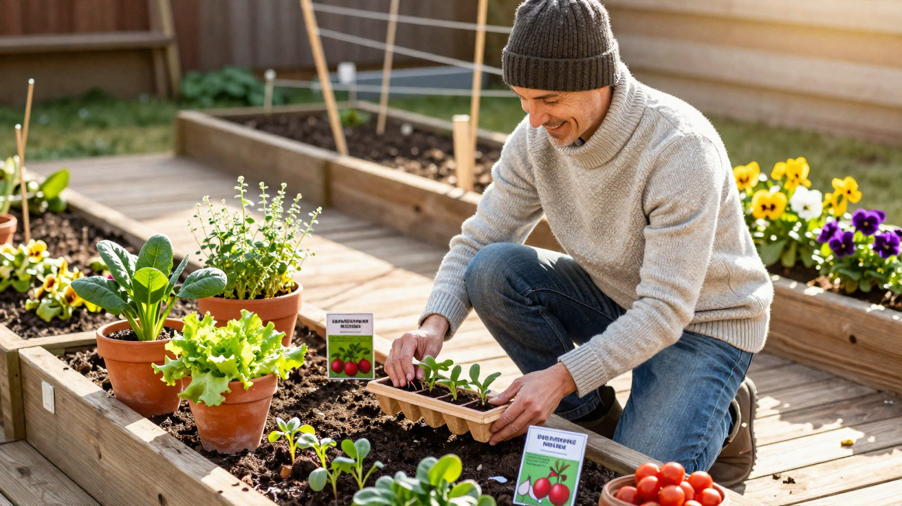 Man in a beanie planting seedlings in a wooden raised garden bed on a sunny day.